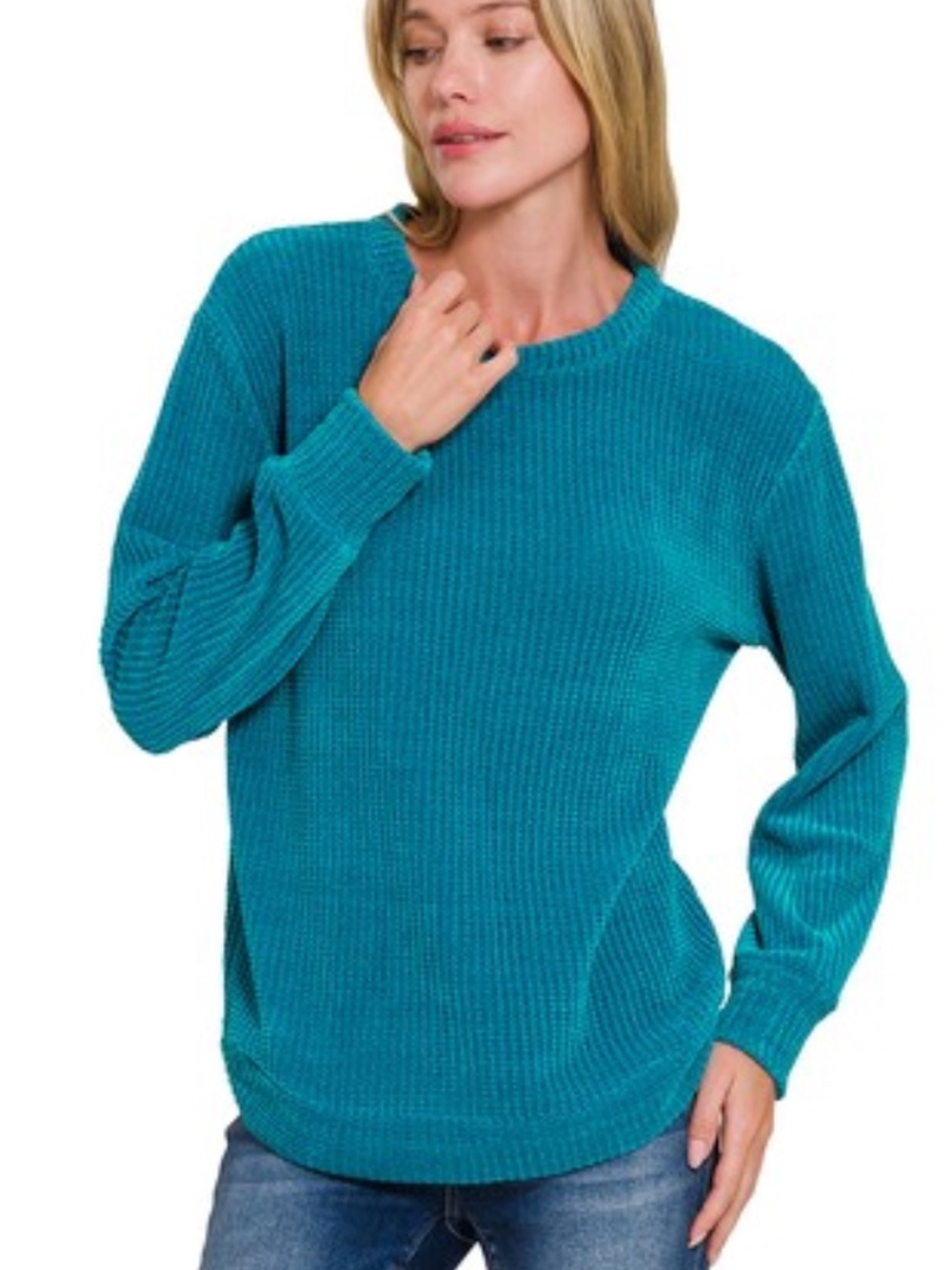 988. TEAL WOMEN'S Chenille Waffle Round Neck Sweater